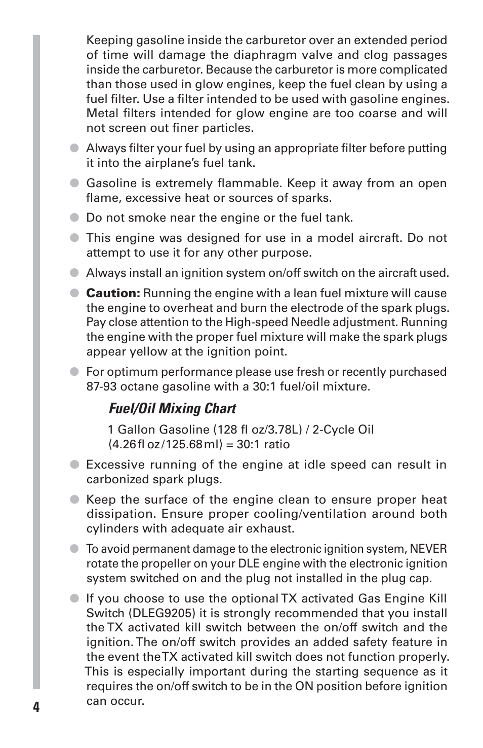 Fuel/oil mixing chart | DLE 120 User Manual | Page 4 / 24