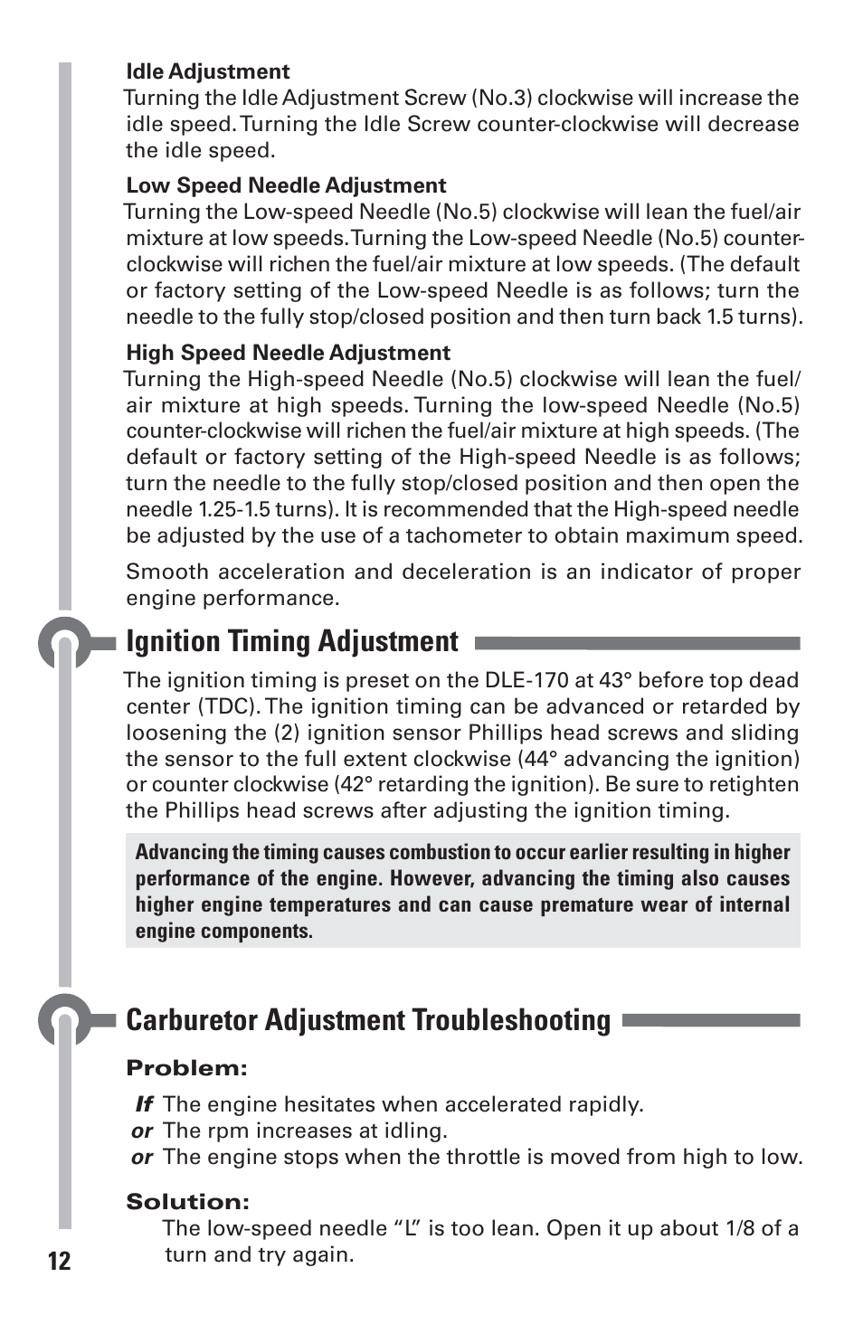 Ignition timing adjustment, Carburetor adjustment troubleshooting | DLE 170 User Manual | Page 12 / 20