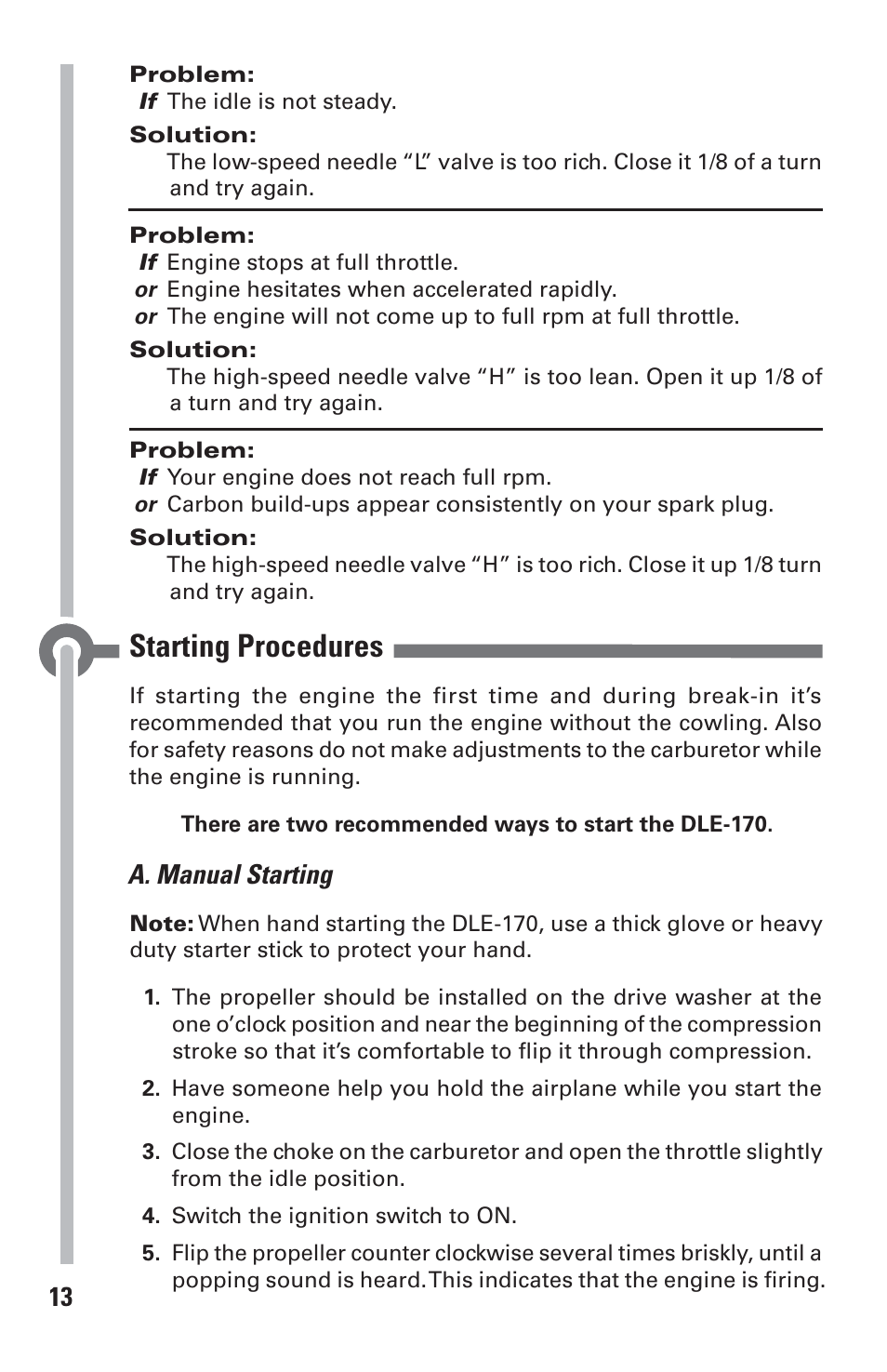 Starting procedures, A. manual starting | DLE 170 User Manual | Page 13 / 20