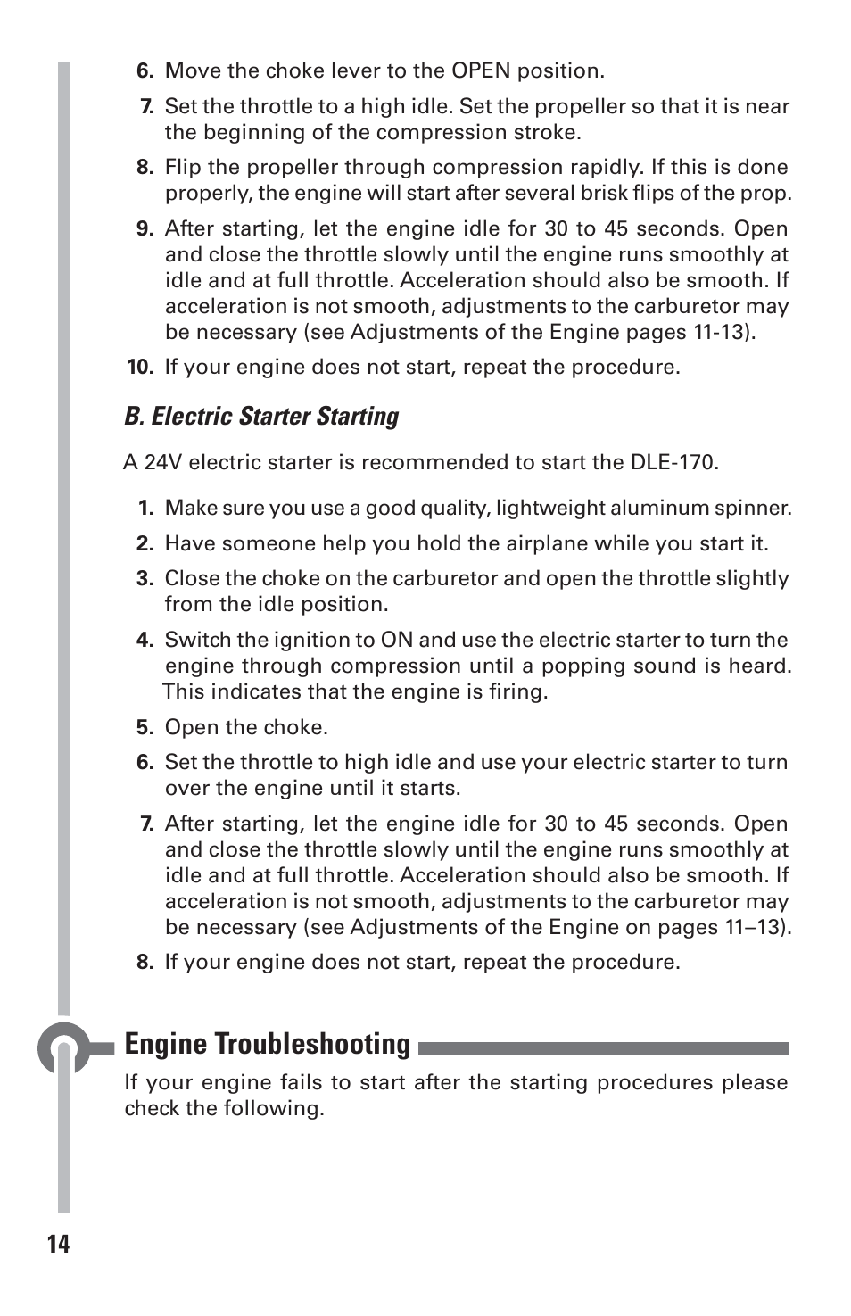 Engine troubleshooting, B. electric starter starting | DLE 170 User Manual | Page 14 / 20