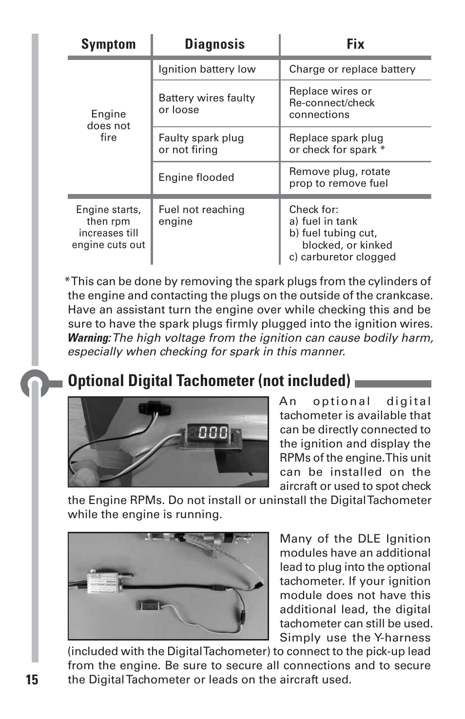 Optional digital tachometer (not included), 15 symptom diagnosis fix | DLE 170 User Manual | Page 15 / 20