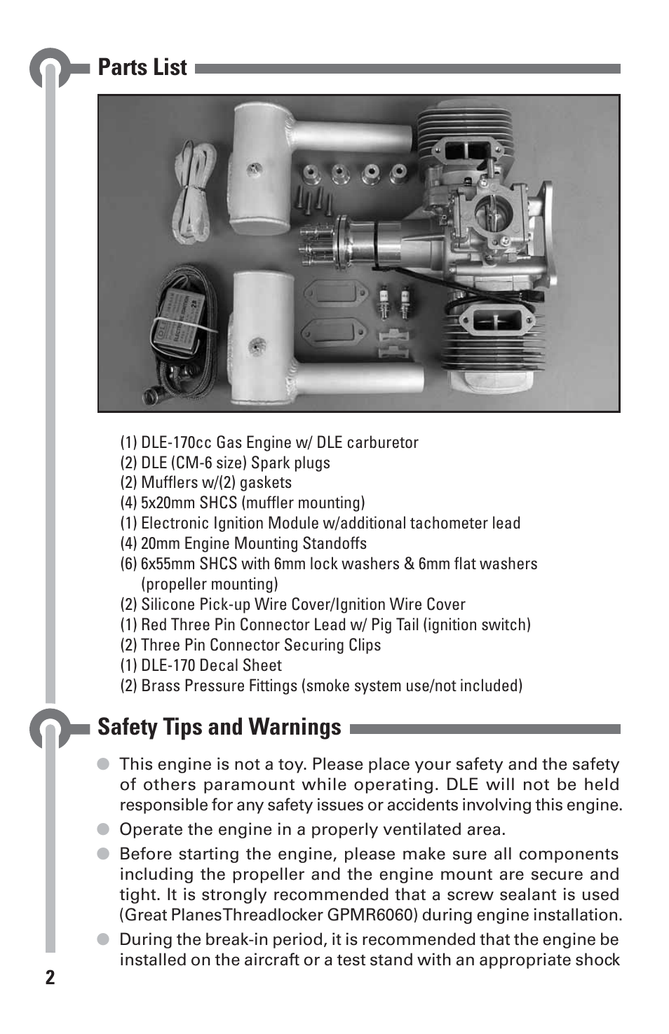 Parts list, Safety tips and warnings | DLE 170 User Manual | Page 2 / 20