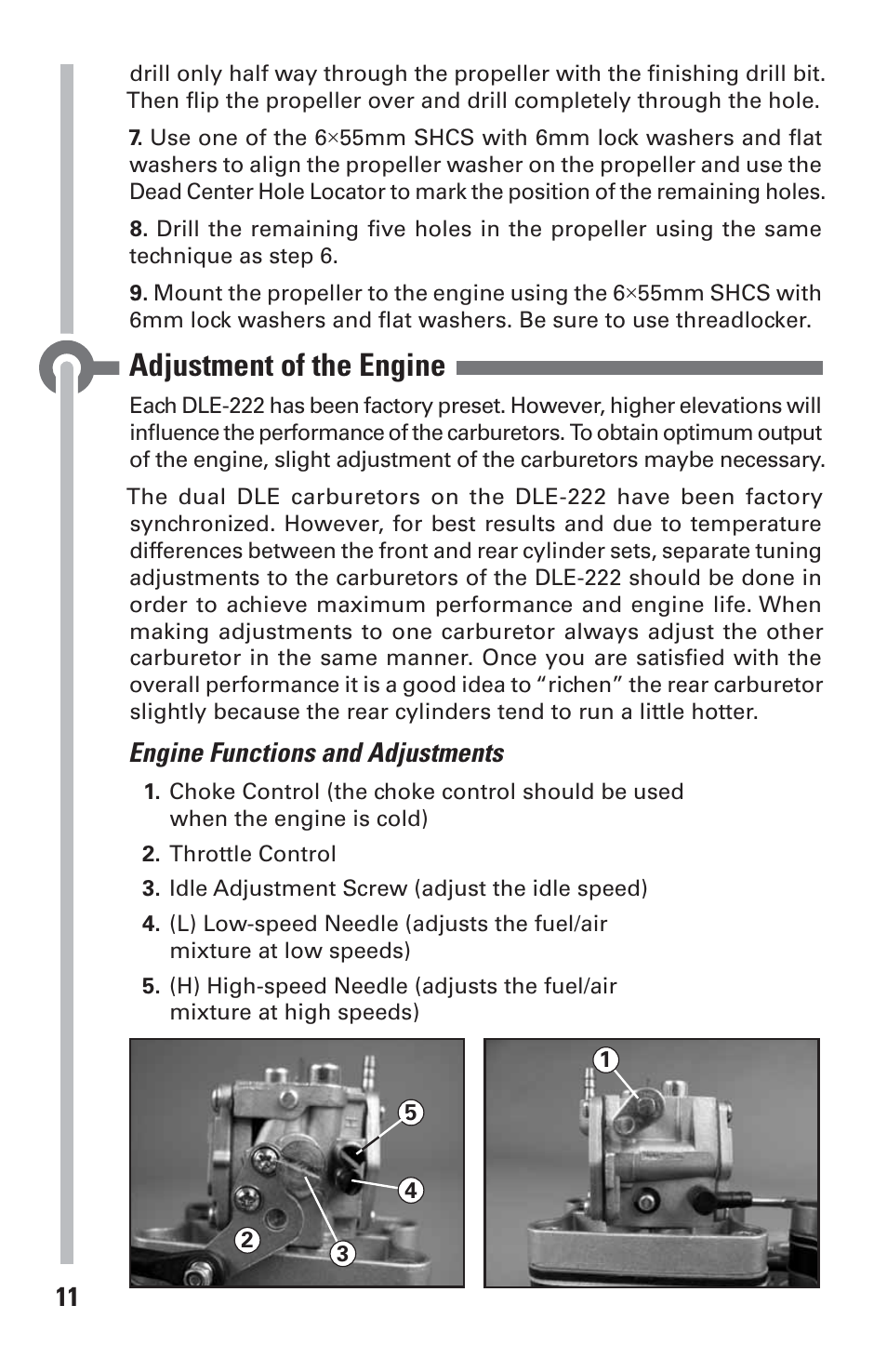 Adjustment of the engine, Engine functions and adjustments | DLE 222 User Manual | Page 11 / 20