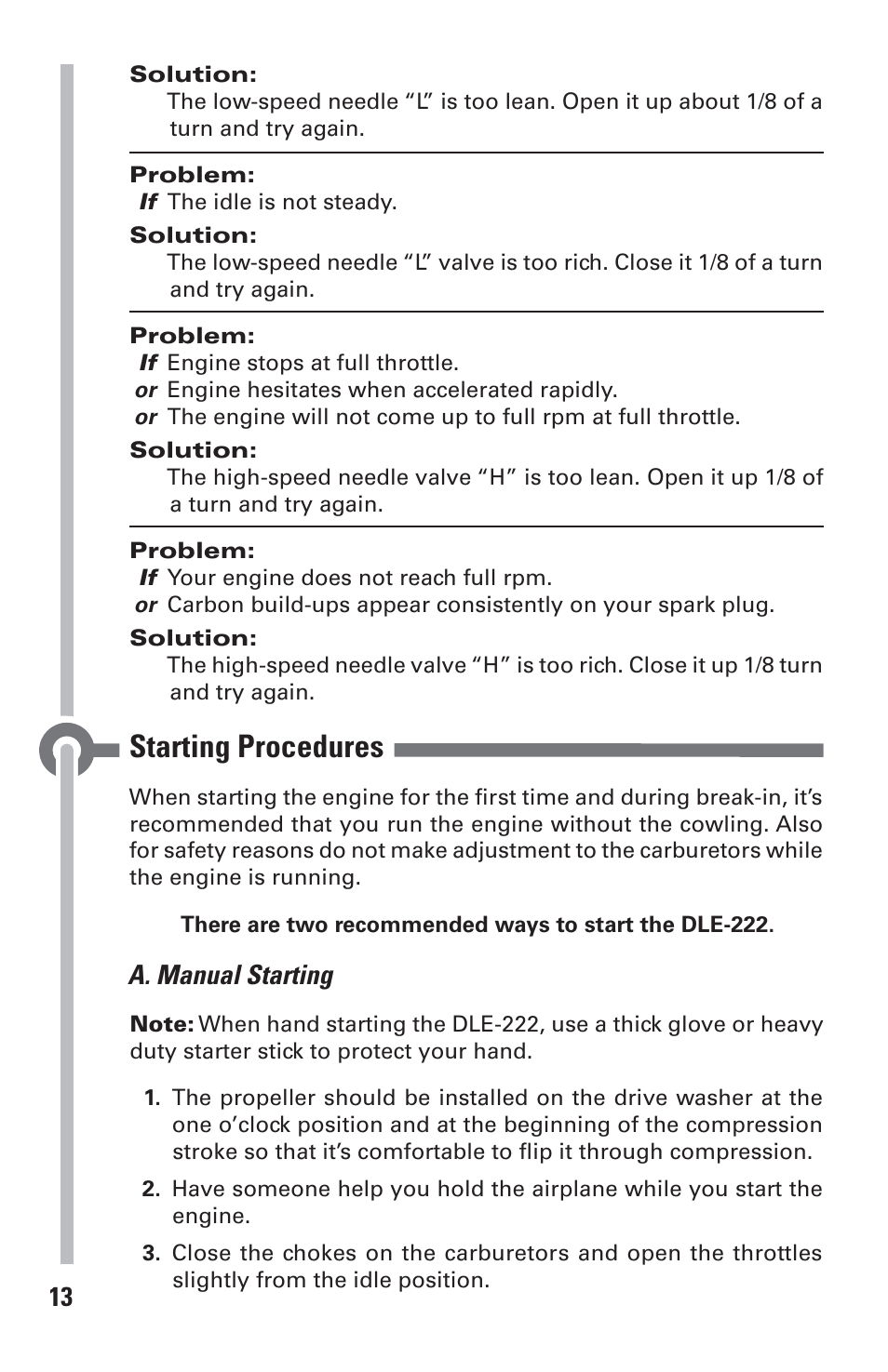 Starting procedures, A. manual starting | DLE 222 User Manual | Page 13 / 20