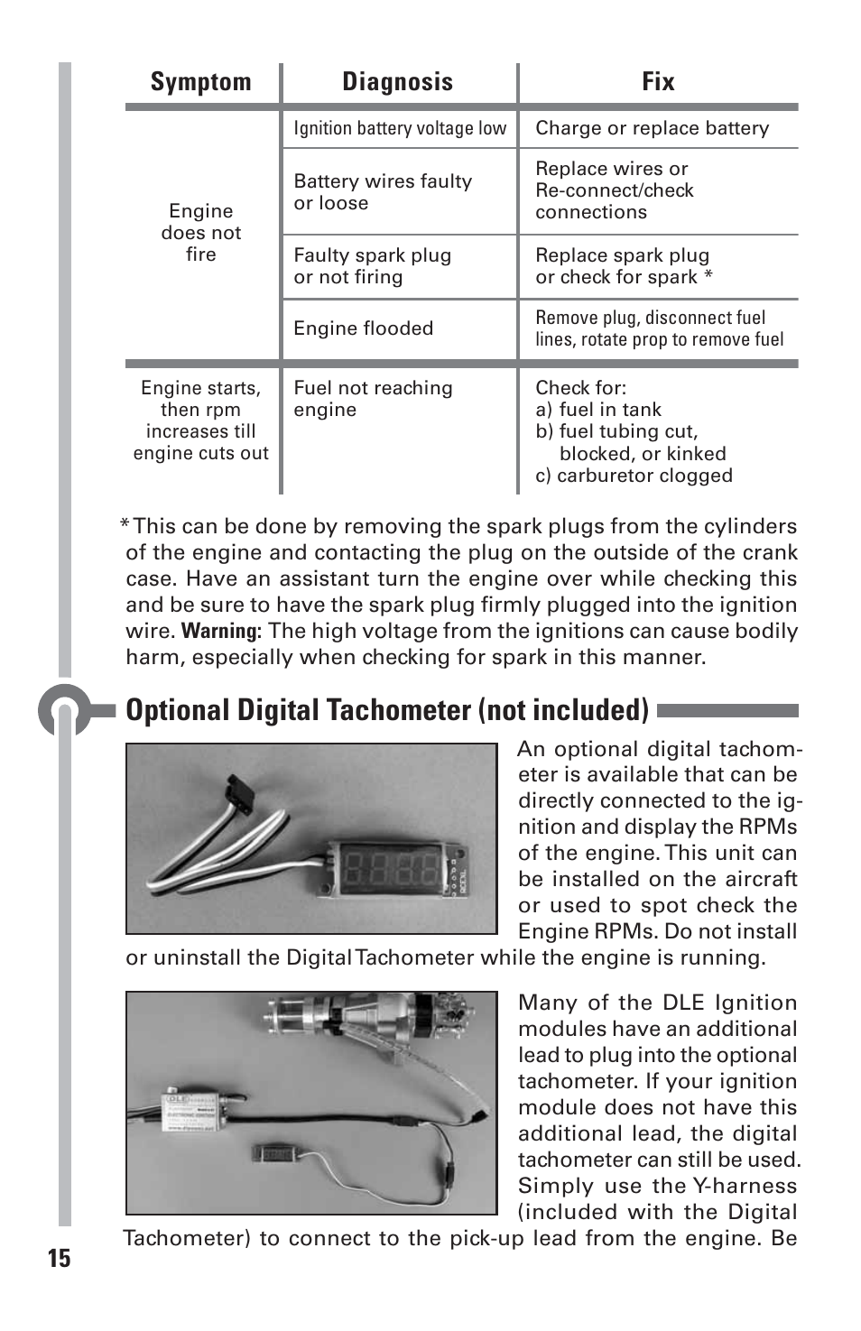 Optional digital tachometer (not included), 15 symptom diagnosis fix | DLE 222 User Manual | Page 15 / 20