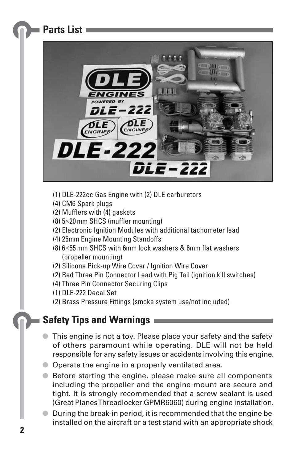 Parts list, Safety tips and warnings | DLE 222 User Manual | Page 2 / 20