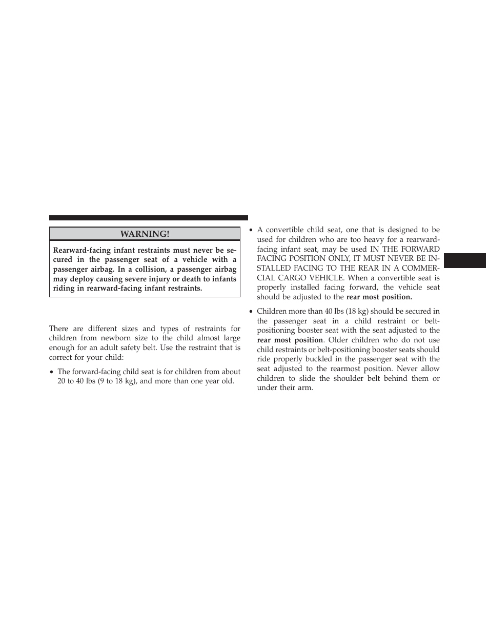 Restraining infants and small children in, Commercial cargo vehicles | Dodge 2013 Grand Caravan User Manual | Page 115 / 663