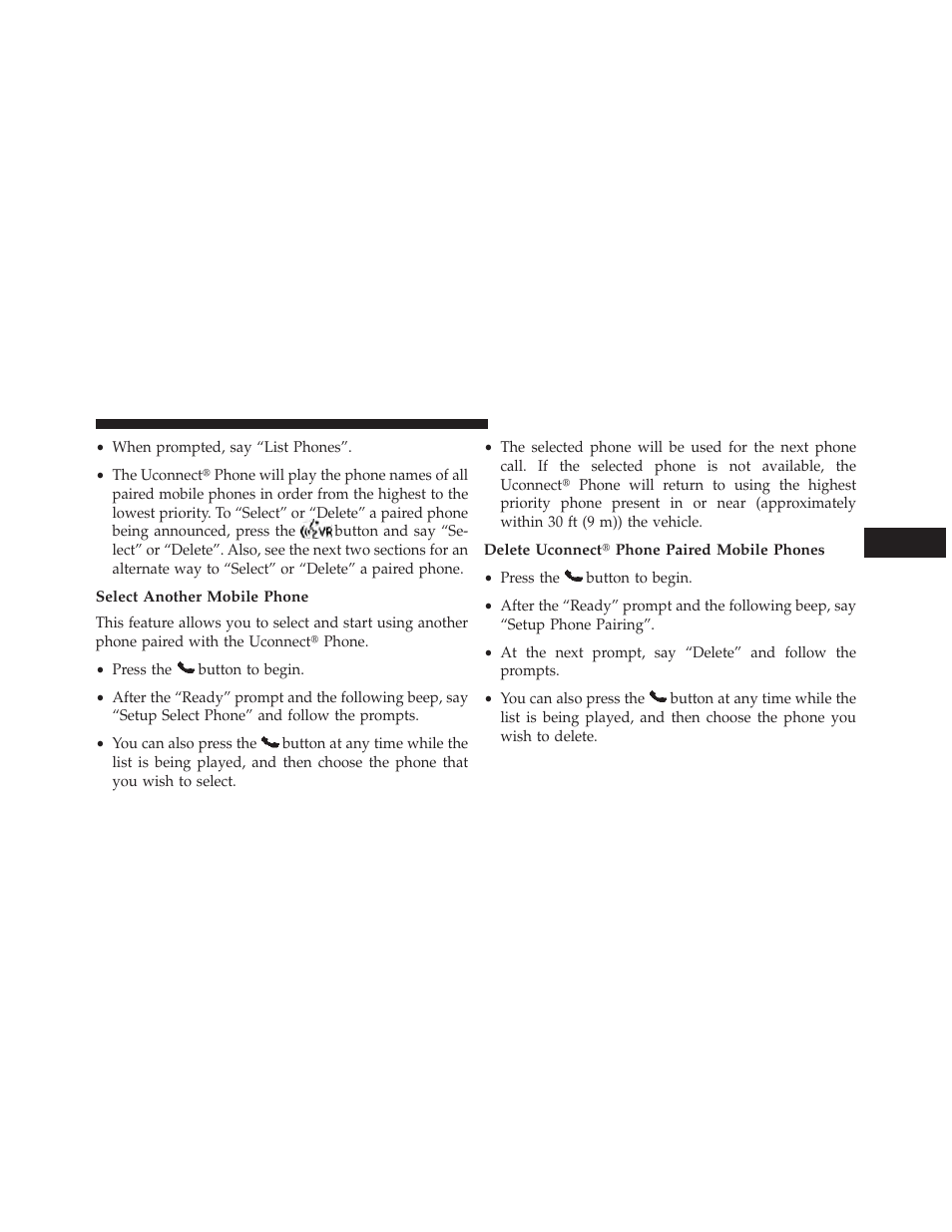 Select another mobile phone, Delete uconnect phone paired mobile phones | Dodge 2013 Grand Caravan User Manual | Page 163 / 663