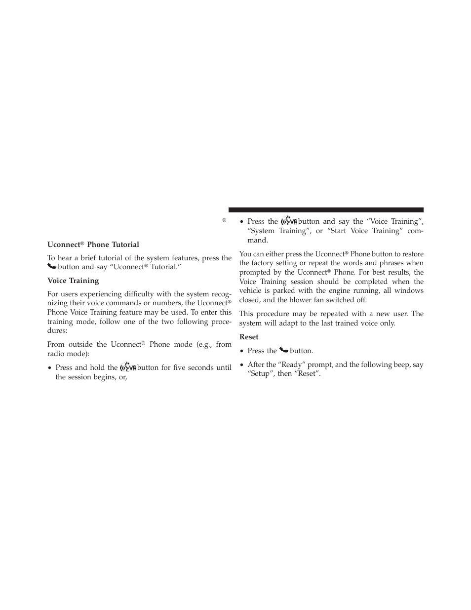 Things you should know about your uconnect phone, Uconnect phone tutorial, Voice training | Reset, Things you should know about your, Uconnect, Phone | Dodge 2013 Grand Caravan User Manual | Page 164 / 663