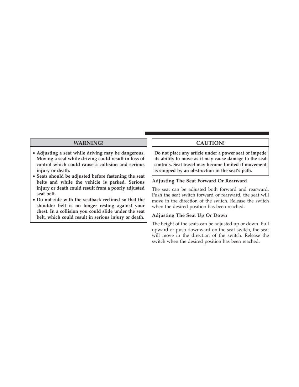 Adjusting the seat forward or rearward, Adjusting the seat up or down | Dodge 2013 Grand Caravan User Manual | Page 182 / 663