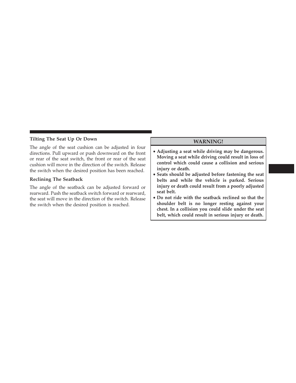 Tilting the seat up or down, Reclining the seatback | Dodge 2013 Grand Caravan User Manual | Page 183 / 663