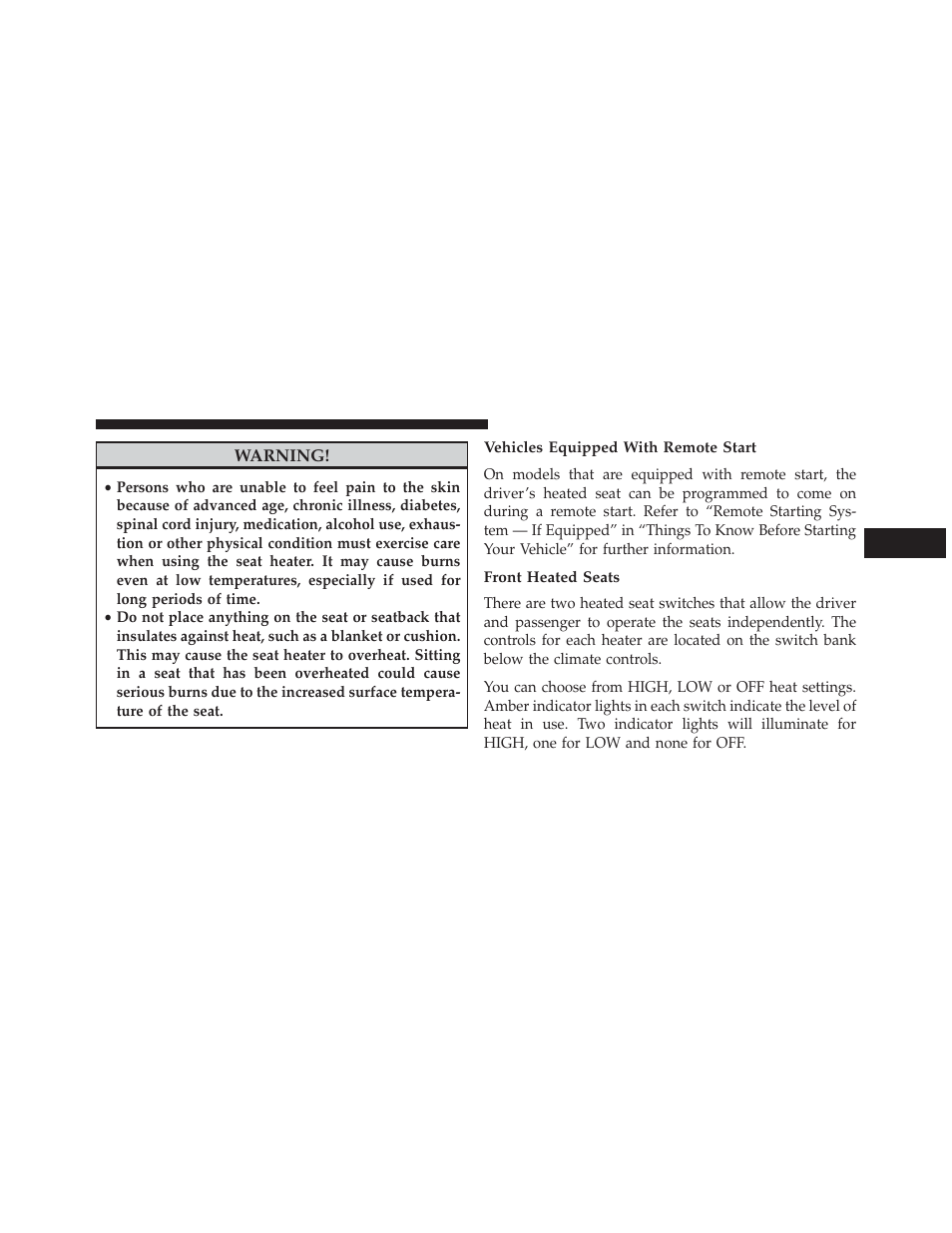 Vehicles equipped with remote start, Front heated seats | Dodge 2013 Grand Caravan User Manual | Page 185 / 663