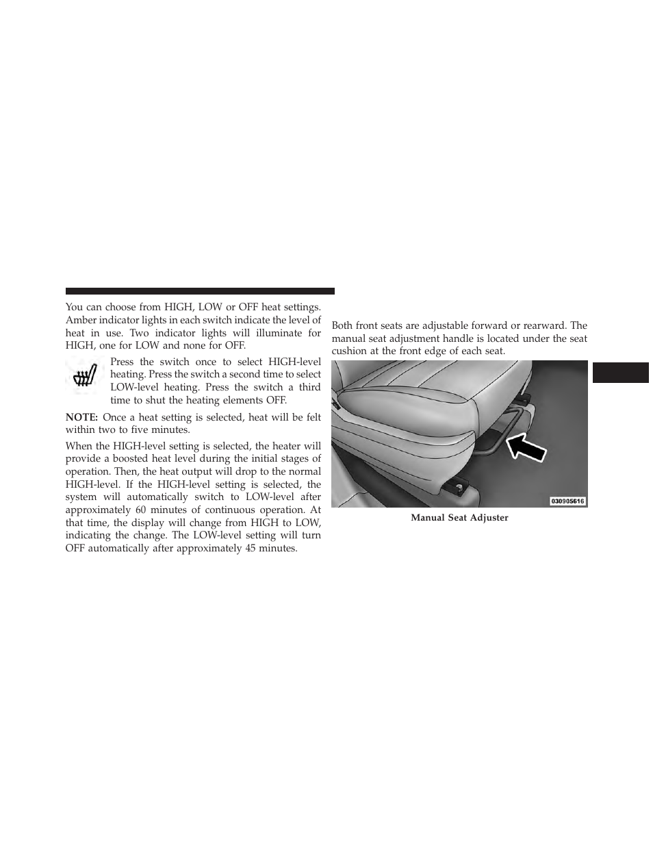 Manual front/second row seat adjuster | Dodge 2013 Grand Caravan User Manual | Page 187 / 663