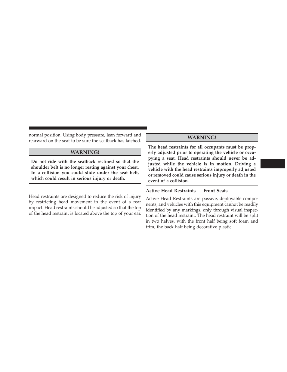 Head restraints, Active head restraints — front seats | Dodge 2013 Grand Caravan User Manual | Page 189 / 663