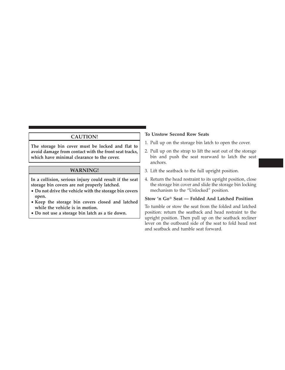 To unstow second row seats, Stow 'n go seat — folded and latched position | Dodge 2013 Grand Caravan User Manual | Page 197 / 663