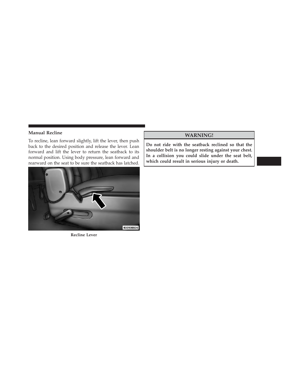 Manual recline | Dodge 2013 Grand Caravan User Manual | Page 201 / 663