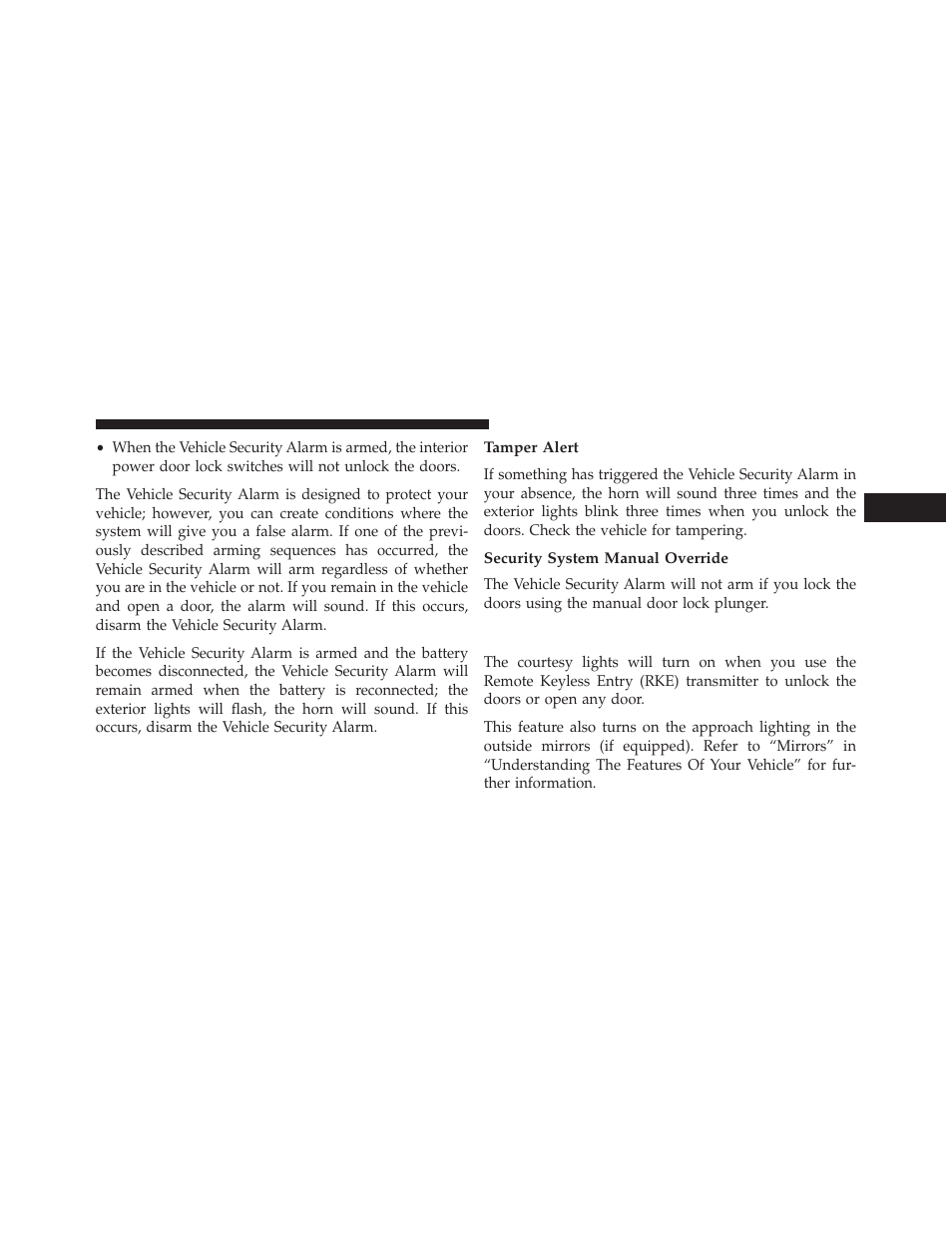 Tamper alert, Security system manual override, Illuminated entry — if equipped | Dodge 2013 Grand Caravan User Manual | Page 21 / 663