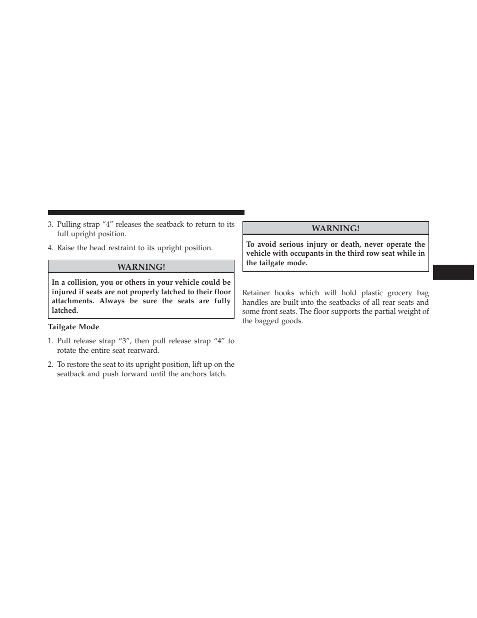 Tailgate mode, Plastic grocery bag retainer hooks | Dodge 2013 Grand Caravan User Manual | Page 211 / 663