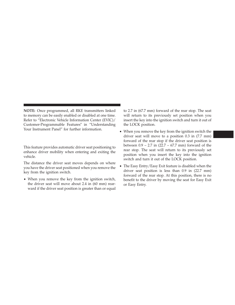 Easy entry/exit seat, Available with memory seat only) | Dodge 2013 Grand Caravan User Manual | Page 215 / 663