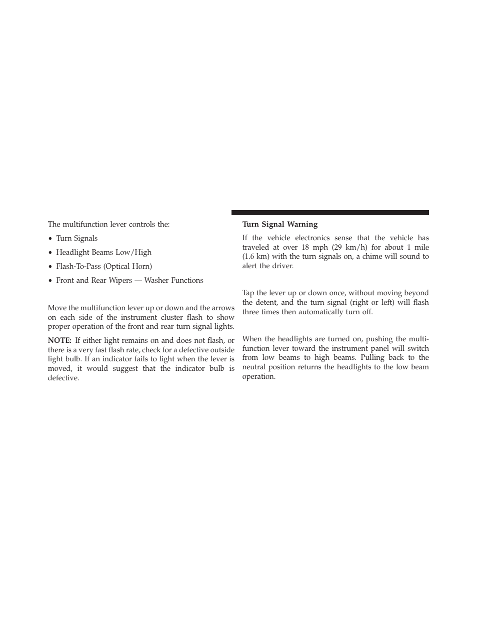 Turn signals, Turn signal warning, Lane change assist | High/low beam switch | Dodge 2013 Grand Caravan User Manual | Page 224 / 663