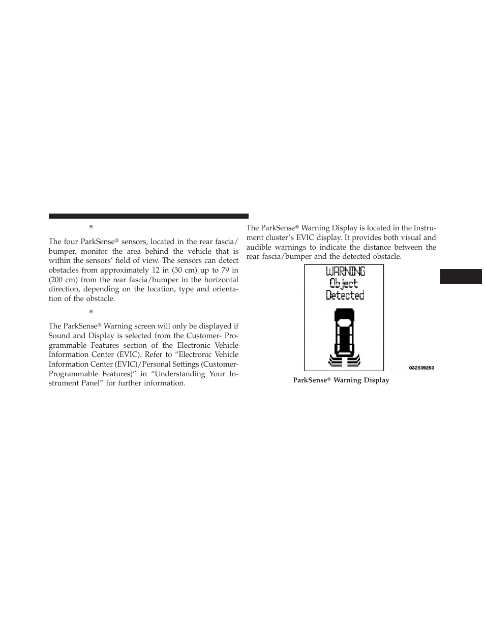 Parksense sensors, Parksense warning display, Parksense௡ sensors | Parksense௡ warning display | Dodge 2013 Grand Caravan User Manual | Page 237 / 663