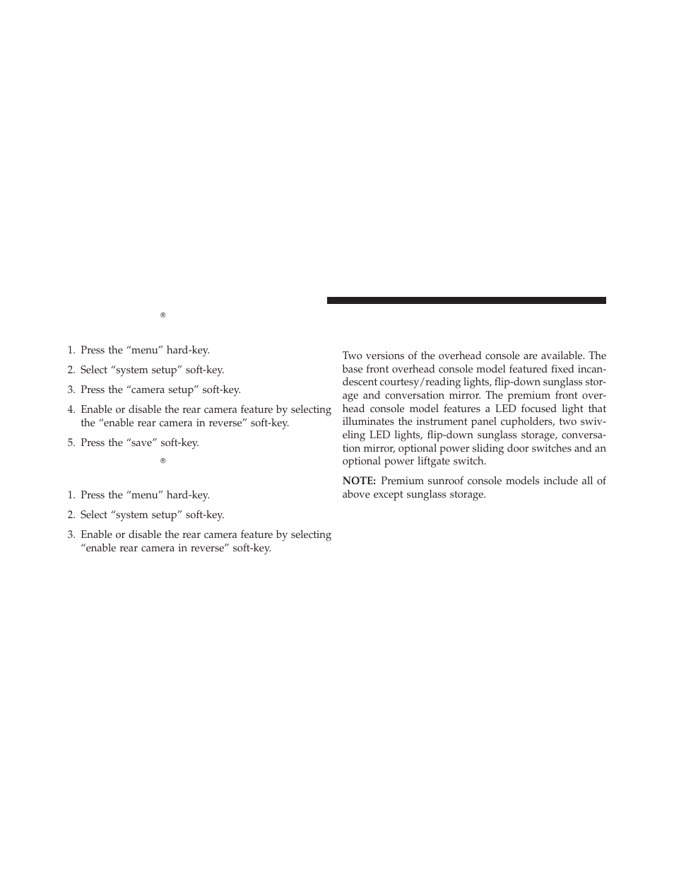 Overhead consoles, Front overhead console, Turning parkview௡ on or off | With navigation/multimedia radio, Without navigation/multimedia radio | Dodge 2013 Grand Caravan User Manual | Page 248 / 663