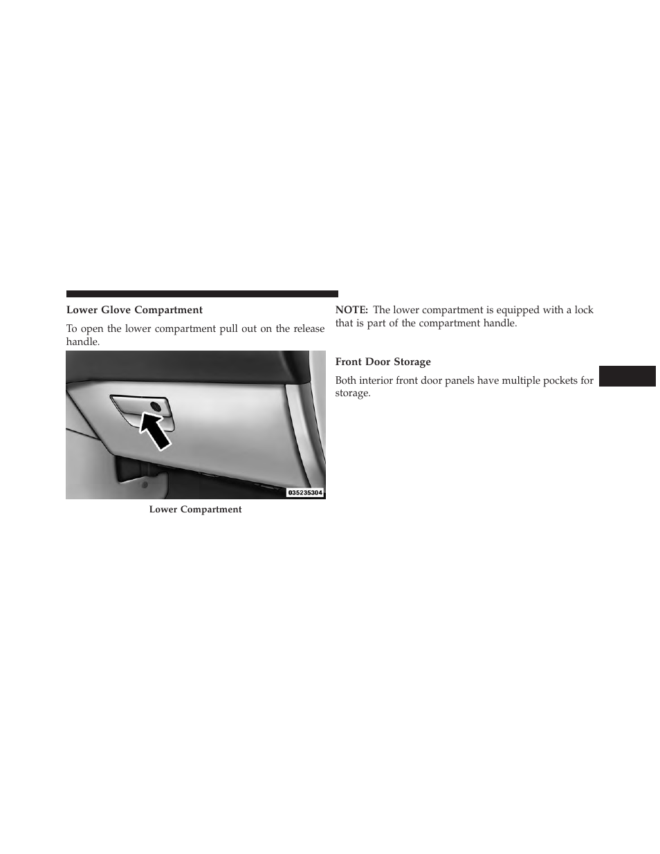 Lower glove compartment, Door trim panel storage, Front door storage | Dodge 2013 Grand Caravan User Manual | Page 277 / 663