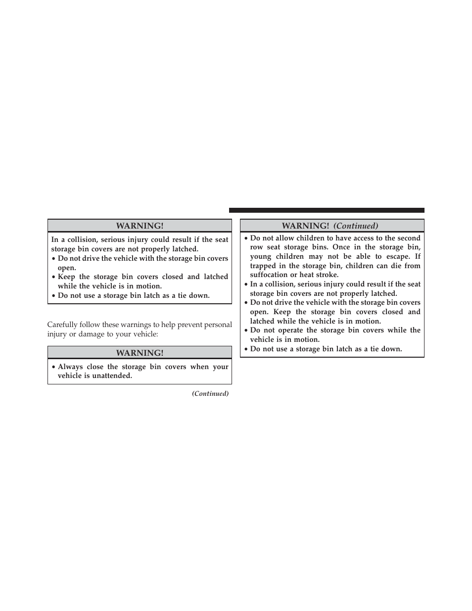 Storage bin safety warning | Dodge 2013 Grand Caravan User Manual | Page 280 / 663