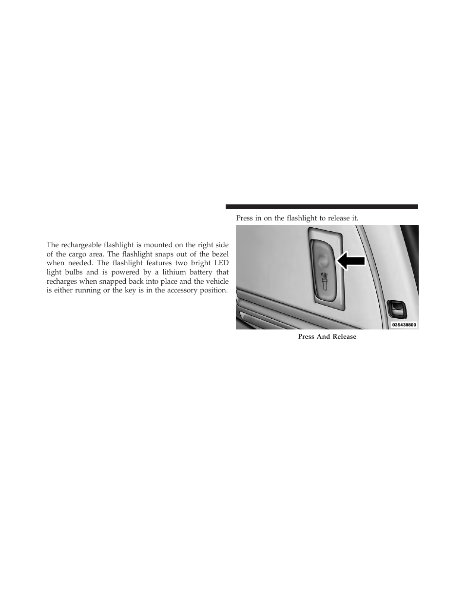 Cargo area features, Rechargeable flashlight | Dodge 2013 Grand Caravan User Manual | Page 290 / 663