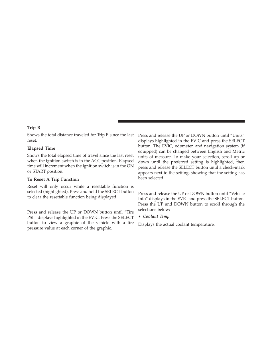 Trip b, Elapsed time, To reset a trip function | Tire psi, Units, Vehicle info (customer information features) | Dodge 2013 Grand Caravan User Manual | Page 334 / 663