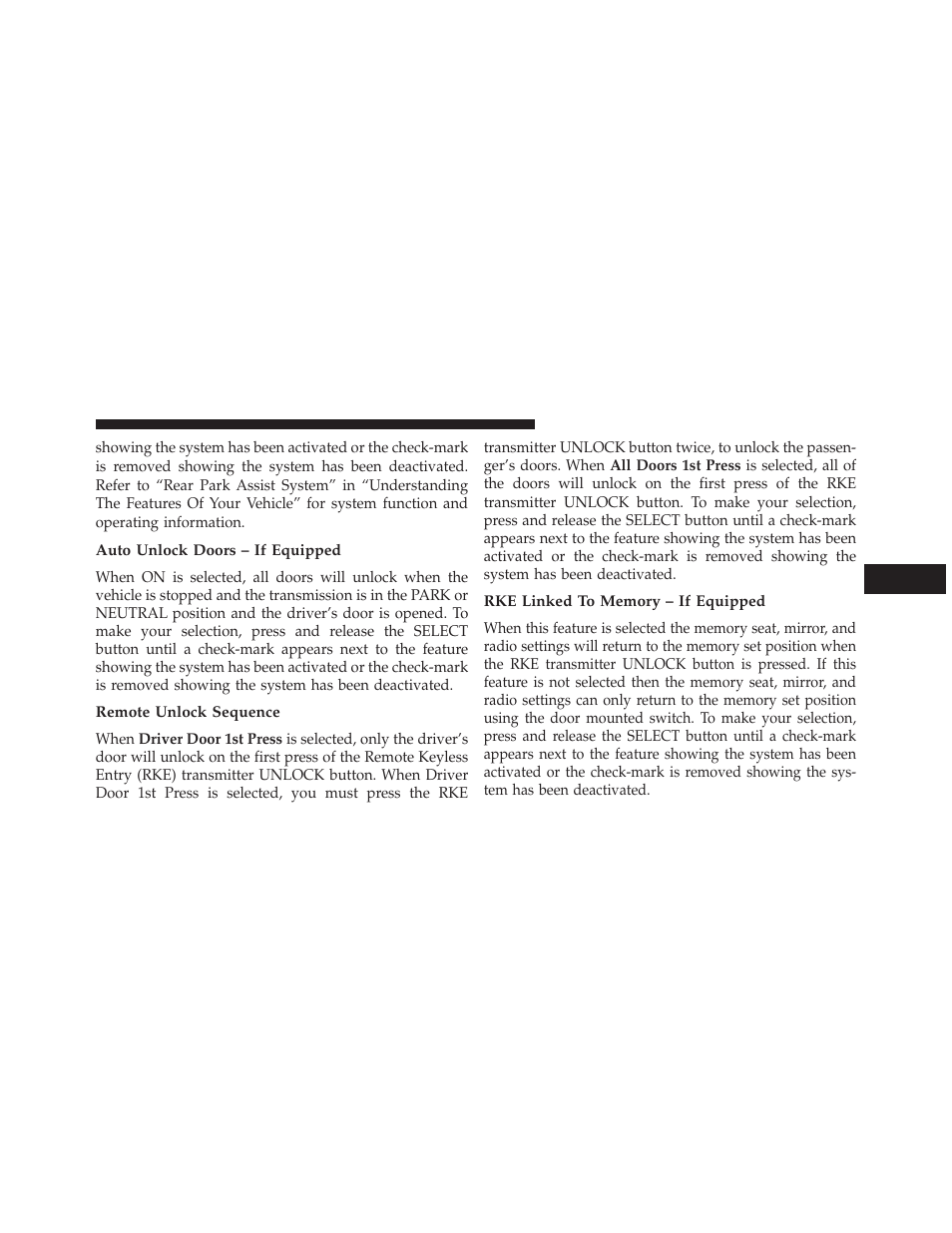 Auto unlock doors – if equipped, Remote unlock sequence, Rke linked to memory – if equipped | Dodge 2013 Grand Caravan User Manual | Page 339 / 663