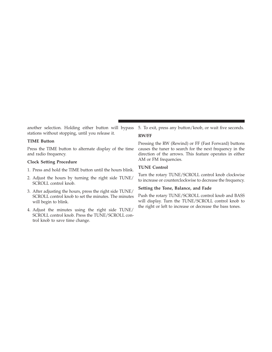 Time button, Clock setting procedure, Rw/ff | Tune control, Setting the tone, balance, and fade | Dodge 2013 Grand Caravan User Manual | Page 346 / 663