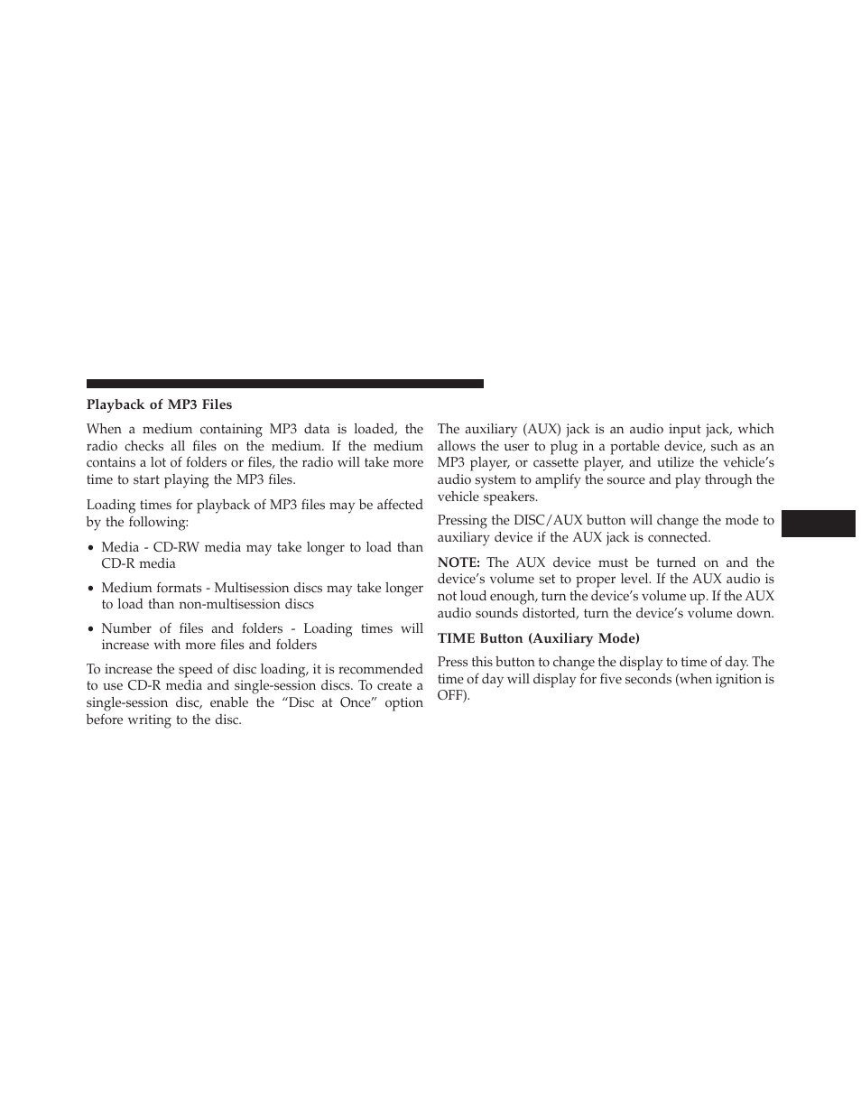 Playback of mp3 files, Operation instructions - auxiliary mode, Time button (auxiliary mode) | Dodge 2013 Grand Caravan User Manual | Page 353 / 663