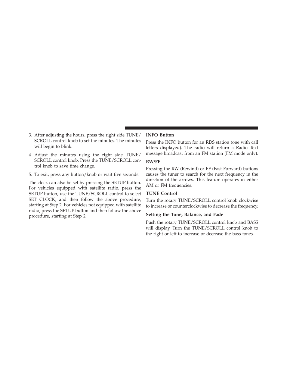 Info button, Rw/ff, Tune control | Setting the tone, balance, and fade | Dodge 2013 Grand Caravan User Manual | Page 356 / 663