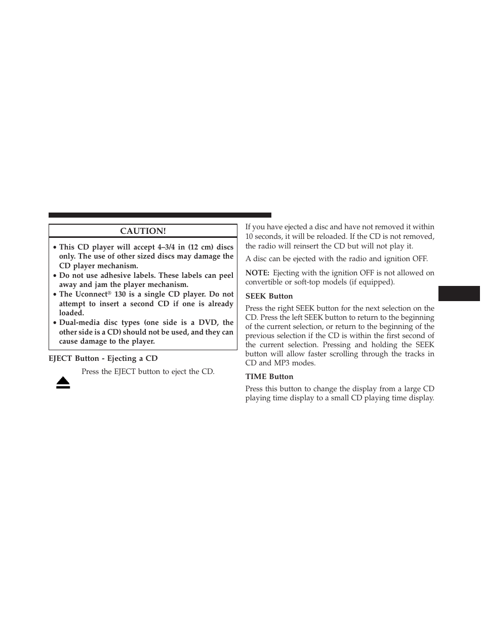 Eject button - ejecting a cd, Seek button, Time button | Dodge 2013 Grand Caravan User Manual | Page 361 / 663