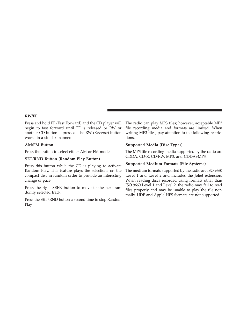 Rw/ff, Am/fm button, Set/rnd button (random play button) | Notes on playing mp3 files, Supported media (disc types), Supported medium formats (file systems) | Dodge 2013 Grand Caravan User Manual | Page 362 / 663