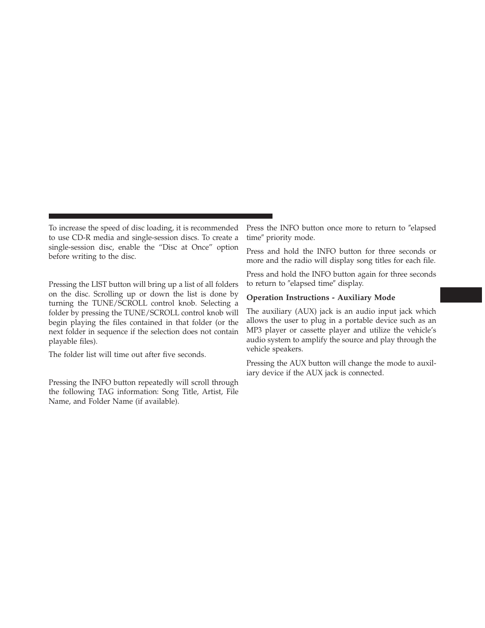 List button (cd mode for mp3 play), Info button (cd mode for mp3 play), Operation instructions - auxiliary mode | Dodge 2013 Grand Caravan User Manual | Page 365 / 663