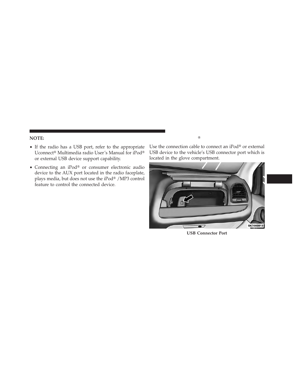 Connecting the ipod or external usb device, Connecting the ipod௡ or external usb, Device | Dodge 2013 Grand Caravan User Manual | Page 371 / 663