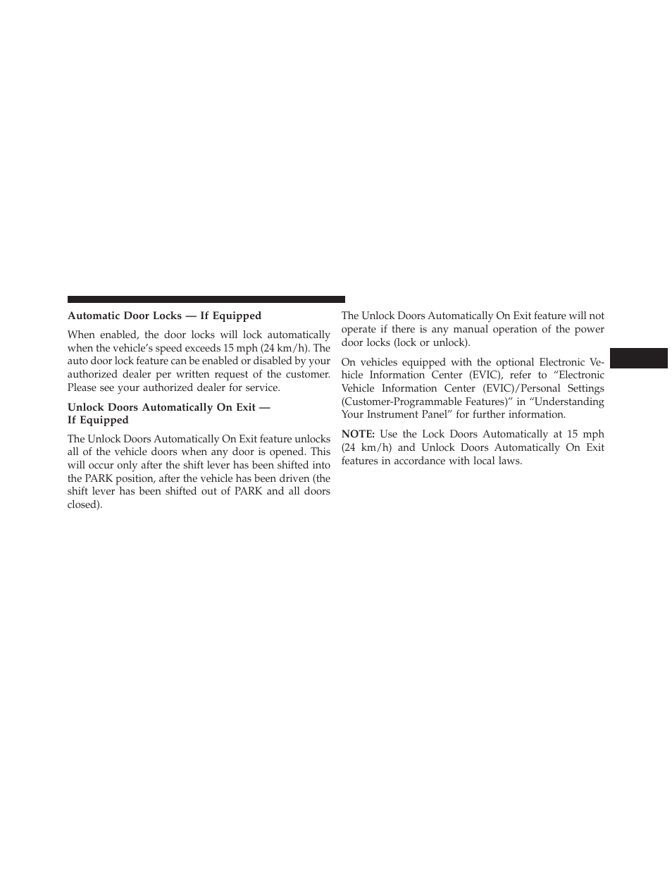 Automatic door locks — if equipped, Unlock doors automatically on exit — if equipped | Dodge 2013 Grand Caravan User Manual | Page 39 / 663