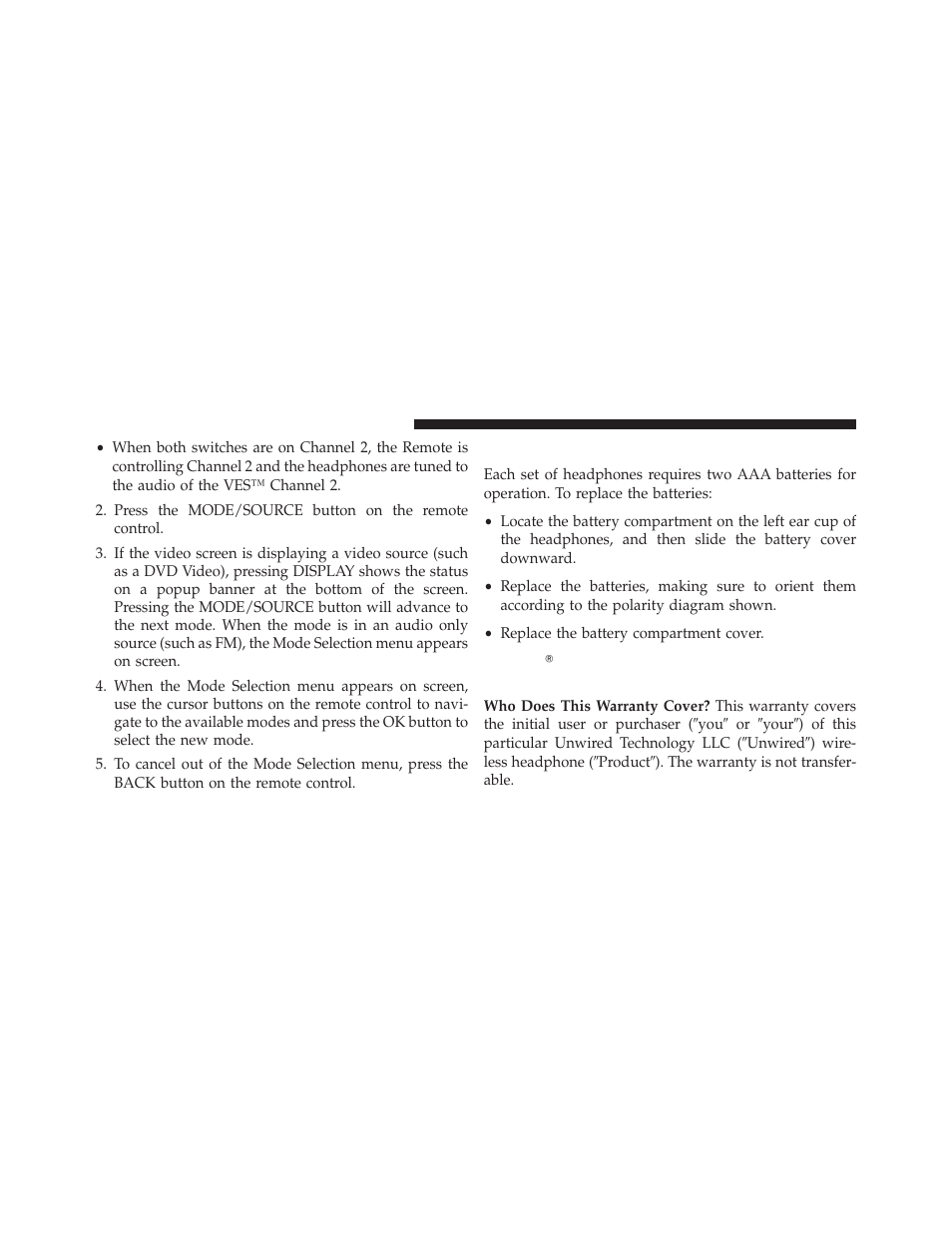 Replacing the headphone batteries, Unwired stereo headphone lifetime limited warranty, Unwired௡ stereo headphone lifetime | Limited warranty | Dodge 2013 Grand Caravan User Manual | Page 400 / 663