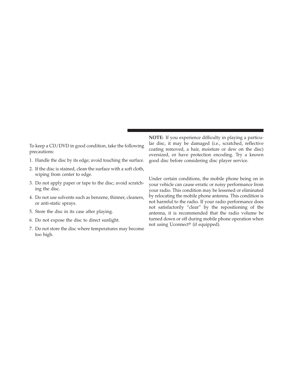 Cd/dvd disc maintenance, Radio operation and mobile phones, Radio operation and mobile | Phones | Dodge 2013 Grand Caravan User Manual | Page 418 / 663