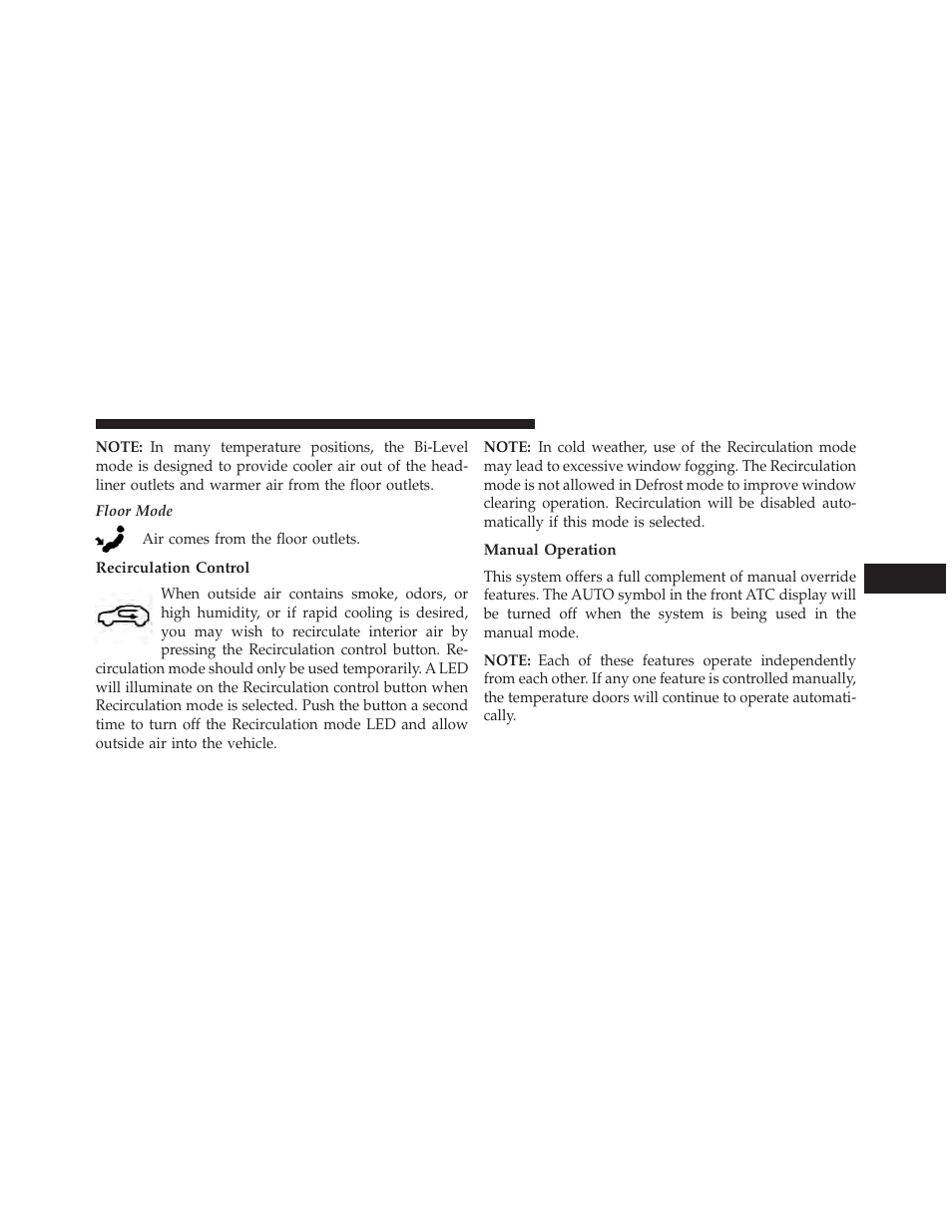 Recirculation control, Manual operation | Dodge 2013 Grand Caravan User Manual | Page 433 / 663