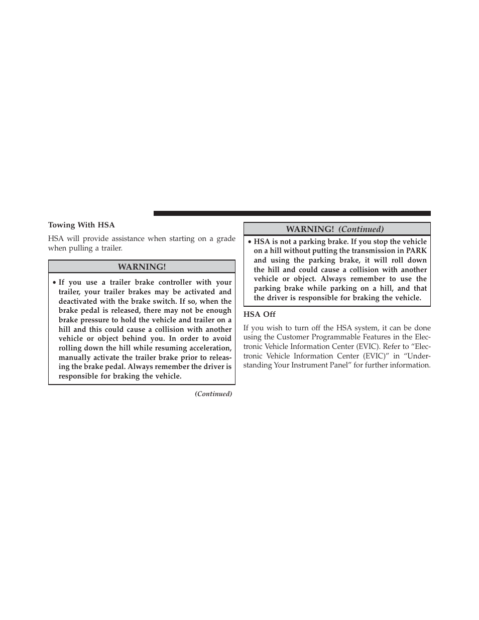 Towing with hsa, Hsa off | Dodge 2013 Grand Caravan User Manual | Page 480 / 663