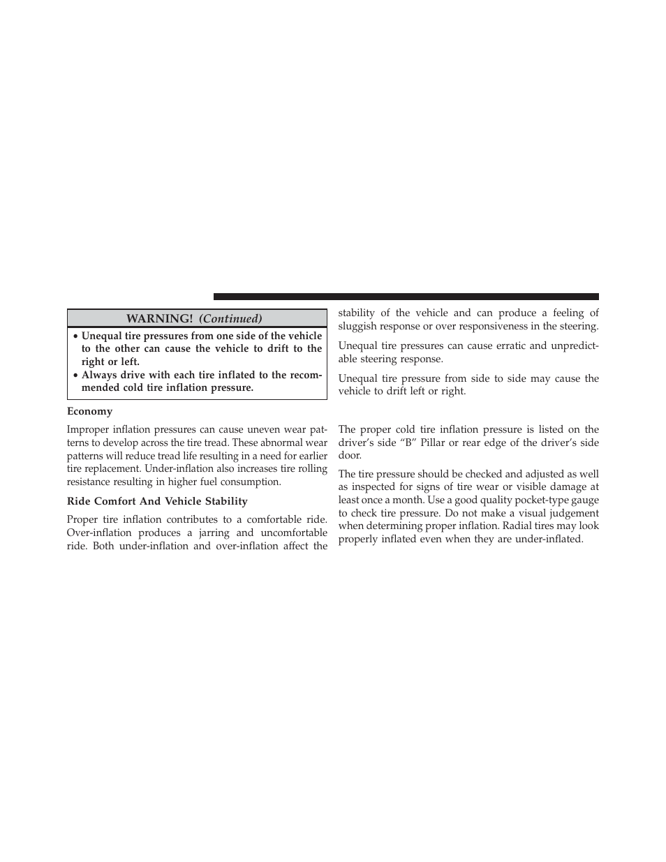Economy, Ride comfort and vehicle stability, Tire inflation pressures | Dodge 2013 Grand Caravan User Manual | Page 492 / 663