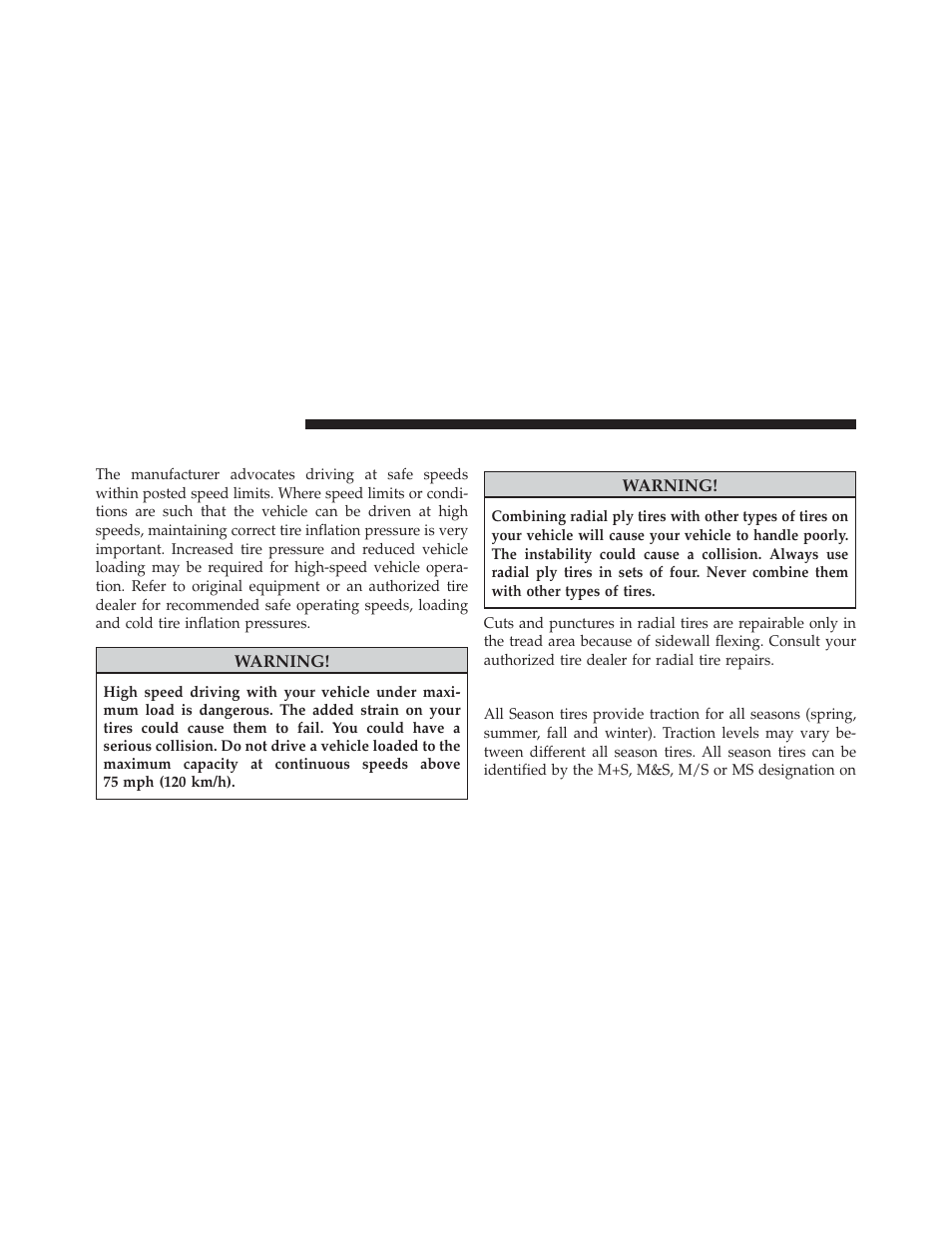 Tire pressures for high speed operation, Radial ply tires, All season tires – if equipped | Dodge 2013 Grand Caravan User Manual | Page 494 / 663