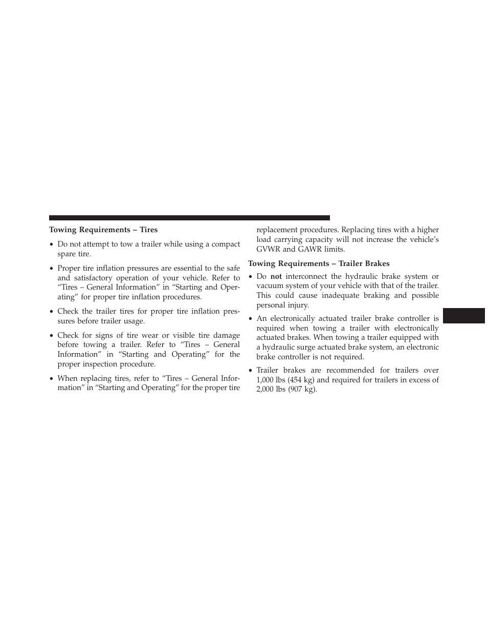 Towing requirements – tires, Towing requirements – trailer brakes | Dodge 2013 Grand Caravan User Manual | Page 537 / 663