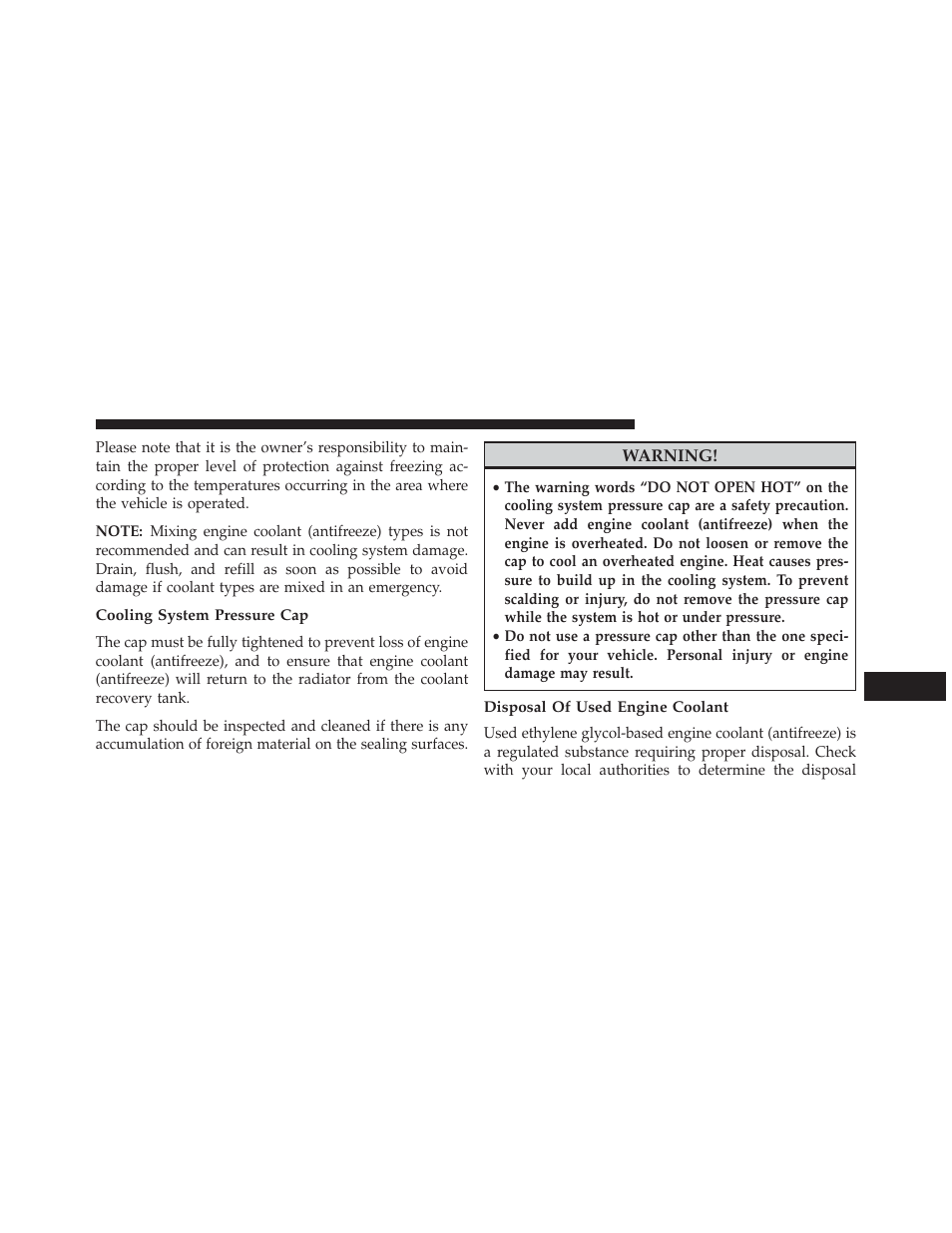 Cooling system pressure cap, Disposal of used engine coolant | Dodge 2013 Grand Caravan User Manual | Page 597 / 663