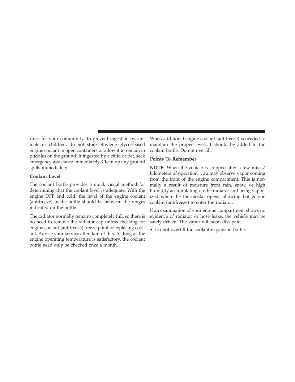 Coolant level, Points to remember | Dodge 2013 Grand Caravan User Manual | Page 598 / 663