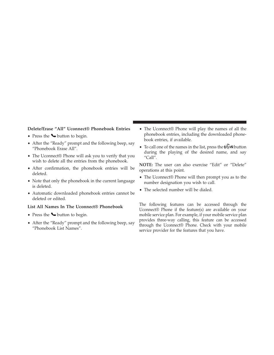 Delete/erase “all” uconnect® phonebook entries, List all names in the uconnect® phonebook, Phone call features | Dodge 2013 Durango User Manual | Page 146 / 697