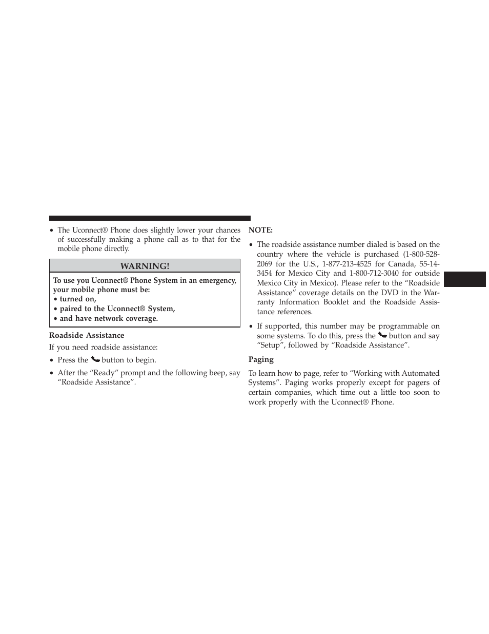 Roadside assistance, Paging | Dodge 2013 Durango User Manual | Page 151 / 697